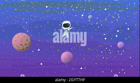 Astronaute dans l'espace. Arrière-plan COSMOS. Illustration pour enfants. Paysage de ciel étoilé. Couleurs sombres. Style plat. Dessin animé. Vecteur Illustration de Vecteur