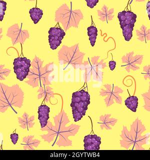 Grappes de raisins.Branches avec baies sur une brousse dense.Jeune vignoble.Feuilles d'orange.Douce récolte d'automne.Motif sans couture.Vecteur. Illustration de Vecteur