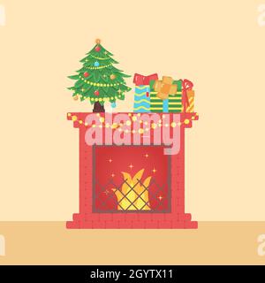 Cheminée de Noël avec Noël et le nouvel an cadeaux de vacances d'hiver, sapin et guirlande et feu.Illustration vectorielle de fête Illustration de Vecteur