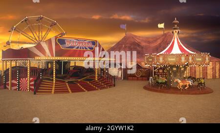 Illustration 3D d'un parc d'expositions de carnaval avec manèges à carrousel et Waltzer, une grande roue de Ferris et une grande tente de cirque en arrière-plan. Banque D'Images