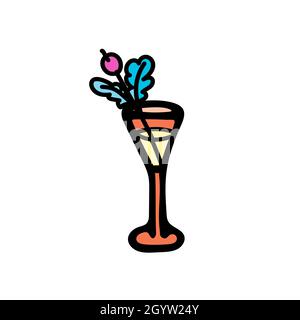 Illustration vectorielle colorée d'un verre à grenaille avec de l'alcool et des baies avec des feuilles sur le dessus. Illustration de Vecteur