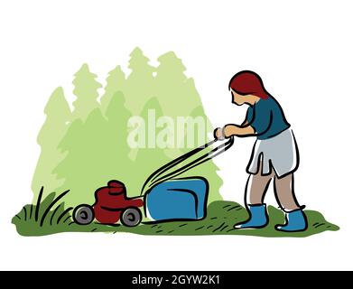 Femme coupant de l'herbe avec une tondeuse à gazon Illustration de Vecteur