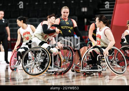 Tokyo, Japon.2021 août 29.Weman's Wheelchair Basketball: L'Allemagne contre le Japon dans les Jeux paralympiques de Tokyo 2020.MILLER Mareike (22 GER), TSUCHIDA Mayu Banque D'Images