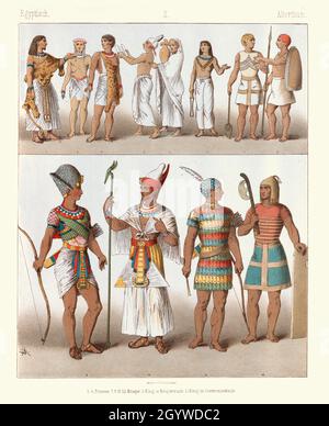 Costumes et mode de l'Égypte ancienne, prêtres, guerriers, Roi en costume de guerrier, Roi en robe de cérémonie. Banque D'Images