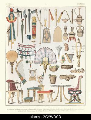 Exemples d'objets anciens égyptiens, chaises, meubles, armes, épées,haches, vases, céramiques Banque D'Images