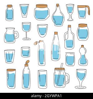 Grand jeu de récipients en verre et de bouteilles d'eau.Style dessiné à la main pour le design.Pas de concept plastique Illustration de Vecteur