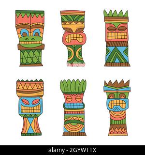 Bois coloré Tiki idoles polynésiennes, sculpture de statue de dieux.Illustration vectorielle définie sur blanc Illustration de Vecteur