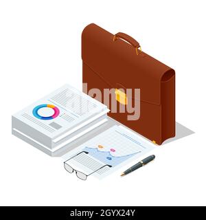 Icônes de porte-documents isométriques définies sur fond blanc.Diplomate, pour bureau, pour ordinateur portable. Illustration de Vecteur