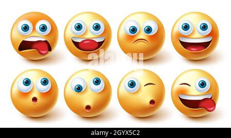 Jeu de vecteurs de caractères emoji.Emoticon collection jaune mignonne, amusante et heureuse isolée sur fond blanc pour les éléments graphiques. Illustration de Vecteur