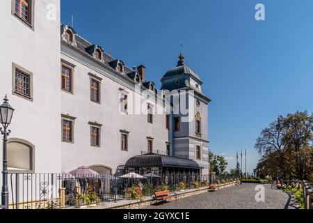 Vue aérienne sur le château de Hálic en Slovaquie, le manoir est devenu un hôtel de luxe cinq étoiles avec une allée de jardin en brique et un motif Banque D'Images