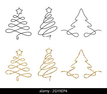 Arbres de Noël dans un style de dessin à une ligne.Ensemble de sapins avec traits modifiables et effet pailleté. Illustration de Vecteur