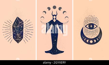 Ensemble d'ornements mystiques noirs représentés sur fond beige comme symboles de magie et d'astrologie. Illustration de Vecteur