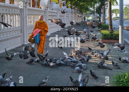 Un bouddhiste thaïlandais pieds nus emplie un sac rempli de miettes devant un troupeau de pigeons; à l'extérieur de Wat (temple) Ratchaburana (Wat Liab), Bangkok, Thaïlande Banque D'Images