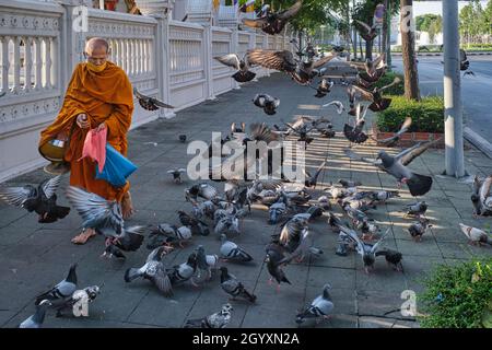 Un bouddhiste thaïlandais pieds nus emplie un sac rempli de miettes devant un troupeau de pigeons; à l'extérieur de Wat (temple) Ratchaburana (Wat Liab), Bangkok, Thaïlande Banque D'Images