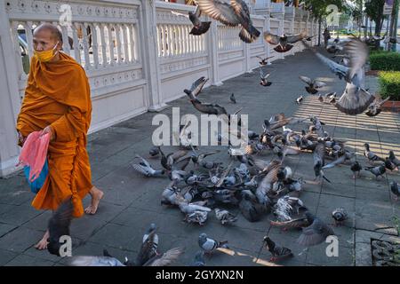 Un moine bouddhiste thaïlandais pieds nus passe devant un troupeau de pigeons étoilé devant Wat (temple) Ratchaburana (Wat Liab), à Bangkok, en Thaïlande Banque D'Images