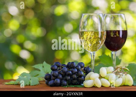 deux verres de vin rouge et blanc sur la table dans le jardin Banque D'Images