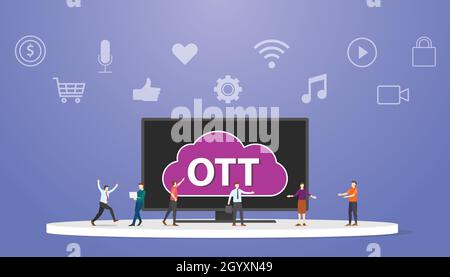 ott sur le concept de service de plate-forme supérieure avec des gens autour de smart tv illustration moderne de style plat vectoriel Banque D'Images