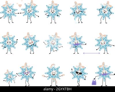 Ensemble de joli flocon de neige de Noël avec des émotions, le visage, les bras et les jambes.Joyeuse ou triste décoration festive pour le nouvel an tombe amoureux, garder la distance dans le masque, danse dans chapeau de Santa et les expressions Illustration de Vecteur