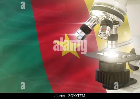Microscope sur fond de drapeau du Cameroun - concept de développement scientifique.Recherche en chimie ou santé illustration 3D de l'objet Banque D'Images