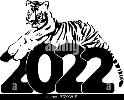Le tigre repose sur les chiffres 2022.Bonne Année.Carte créative. Illustration de Vecteur