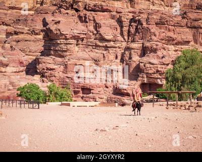 Homme bédouin local à cheval sur un âne et un énorme mur de pierre rouge dans l'ancienne ville de Petra, en Jordanie. Banque D'Images