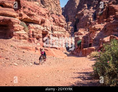 Femme arabe à bord d'un âne sur le sentier Ed-Deir (sentier du monastère) dans l'ancienne ville de Pétra, en Jordanie. Banque D'Images