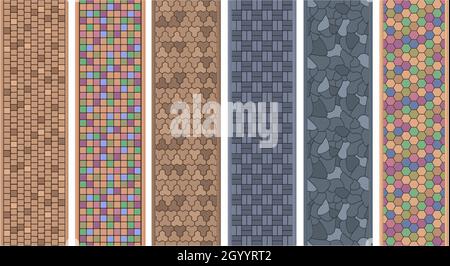 Pavés de rue pierre, surfaces de briques chemins textures.Allée pavée, chemin de jardin, ensemble d'illustrations vectorielles de sol en pierre.Chemins en pierre pavés de briques Illustration de Vecteur