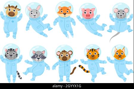 Animaux de dessin animé, cochon, souris et astronautes de chat dans des combinaisons spatiales.Ensemble d'illustrations vectorielles cosmonautes de l'espace pour raton laveur, vache et singe.Animaux galaxie Illustration de Vecteur