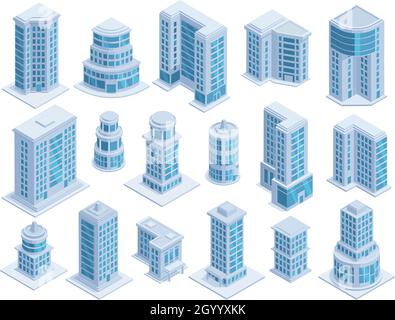 Gratte-ciels urbains isométriques, bâtiments et tours d'architecture moderne.Gratte-ciel façades d'architecture, bâtiments urbains scénario ensemble Illustration de Vecteur