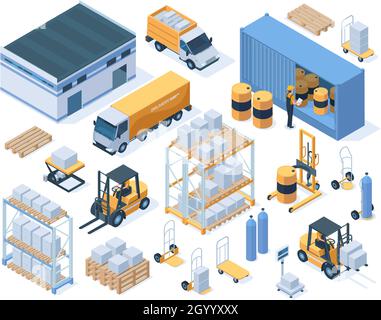 Bâtiments de stockage isométriques, camions de fret et travailleurs d'entrepôt.Équipement d'entrepôt industriel, kit d'illustrations vectorielles de service de livraison logistique Illustration de Vecteur