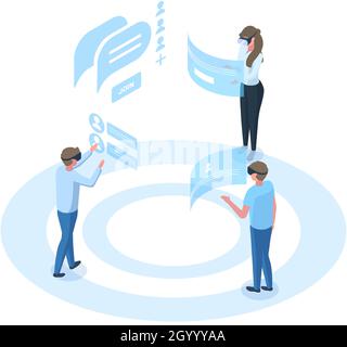 Technologie de simulation de communication de réalité virtuelle de personnes isométriques.Les personnages qui portent des micro-casques/oreillettes discutent utilisent une illustration vectorielle de réalité virtuelle Illustration de Vecteur