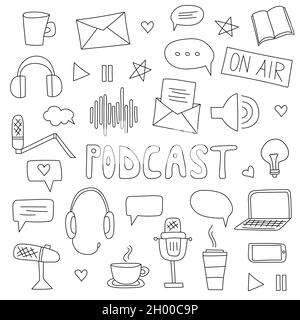 Émission de podcast.Illustration vectorielle dessinée à la main avec différents éléments de podcast.Couleur noir et blanc Illustration de Vecteur