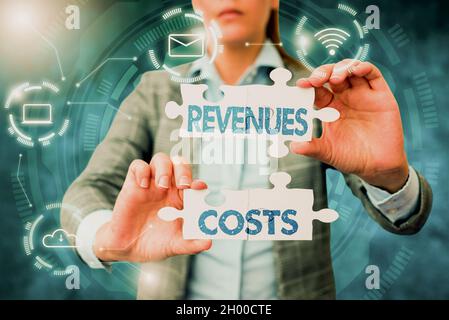 Coûts des revenus de l'affichage conceptuel.Approche commerciale montant total de l'argent dans la fabrication et la livraison d'un produit Business Woman Holding Jigsaw Banque D'Images