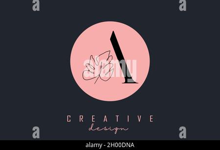 Un logo de lettre avec une feuille de Monstera dessin d'une ligne sur une illustration vectorielle de fond de cercle rose.Icône minimaliste. Illustration de Vecteur