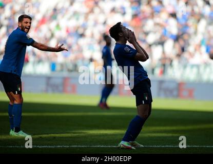 Turin, Italie.10 octobre 2021.Federico Chiesa (Italie) lors de la Ligue des Nations de l'UEFA, troisième place de match de football entre l'Italie et la Belgique le 10 octobre 2021 au stade Allianz à Turin, Italie - photo Nderim Kaceli/DPPI crédit: DPPI Media/Alay Live News Banque D'Images