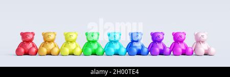 Les ours en peluche colorés en rangée sur fond blanc 3d rendent l'illustration en 3d Banque D'Images