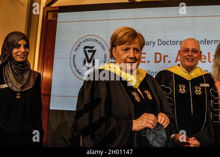 Jérusalem, Israël.10 octobre 2021.La chancelière allemande Angela Merkel assiste à la cérémonie de remise de son doctorat honorifique du Technion - Israel Institute of Technology.Crédit : Ilia Yefimovich/dpa/Alay Live News Banque D'Images