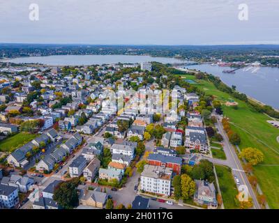 Munjoy Hill historique résidence communauté vue rapprochée aérienne à Portland, Maine ME, États-Unis. Banque D'Images