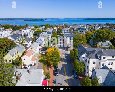 Munjoy Hill historique résidence communauté vue rapprochée aérienne à Portland, Maine ME, États-Unis. Banque D'Images