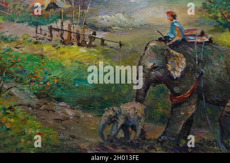 Peinture d'art couleur huile famille des éléphants terres thaïlandaises , campagne Banque D'Images