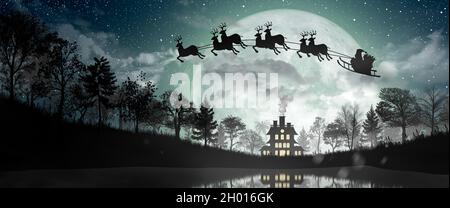 Silhouette du Père Noël faites un tour sur leur renne sur toute la lune le soir de Noël.Joyeux Noël et joyeuses vacances. Banque D'Images