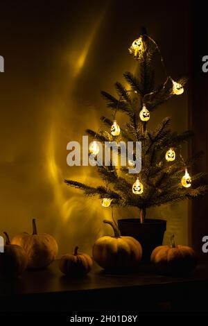 Arbre d'Halloween avec lumières de glace sous forme de citrouilles.Lanterne de Jack. Banque D'Images