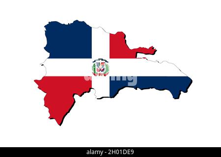 Carte de la République dominicaine avec le drapeau national superposé sur le pays.Graphiques 3D projetant une ombre sur l'arrière-plan blanc Banque D'Images