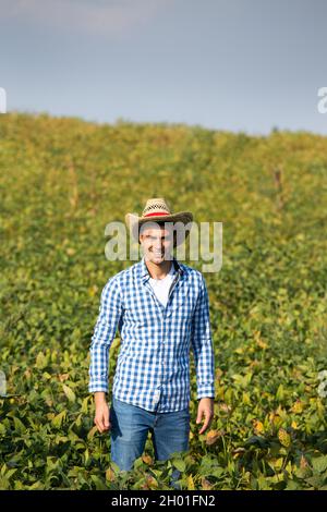 Beau fermier souriant en chemise unie et avec chapeau de paille debout dans le champ de soja à la fin de l'été Banque D'Images