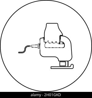 Scie à métaux électrique outil scie à main en cours d'utilisation icône de bras en cercle rond noir couleur vecteur illustration solide style de contour simple image Illustration de Vecteur