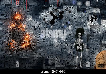 Méditation.L'homme dans le lotus pose dans les flammes.Puzzle face homme et squelette.Composition avec lettres et éléments géométriques.Rendu 3D. Banque D'Images
