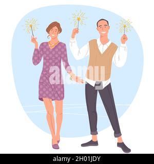 homme et femme avec des sparkers à la main Illustration de Vecteur