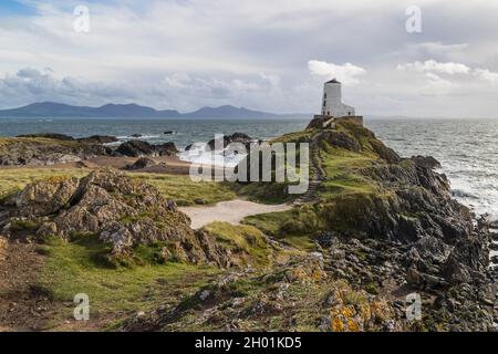 TWR Maw ou grande tour se trouve au-dessus des rochers de l'île Llanddwyn sur la côte d'Anglesey vue en octobre 2021 lors d'un voyage au nord du pays de Galles. Banque D'Images