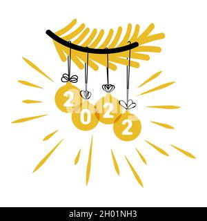 Nouvelle année 2022 décoration de Noël avec branche de sapin et numéros dorés.Illustration vectorielle plate isolée sur fond blanc Illustration de Vecteur