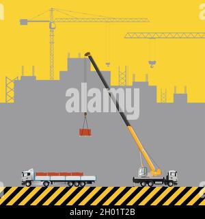Déchargement d'un chariot à l'aide d'une grue pour chariot.Machines de construction sur le fond d'un bâtiment en construction.Illustration vectorielle plate. Illustration de Vecteur
